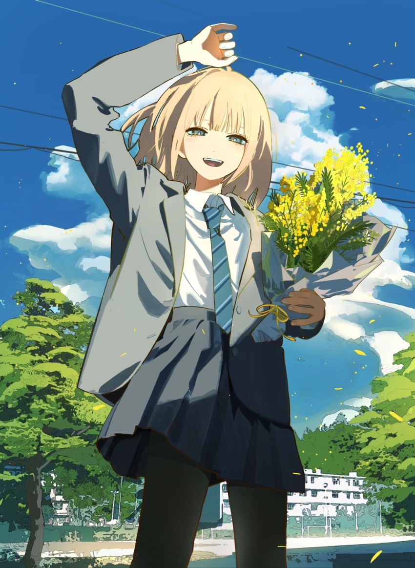 1girl arm_up blazer blonde_hair blue_sky bouquet cloud cover cover_page cumulonimbus_cloud day diagonal-striped_clothes diagonal-striped_necktie flower highres holding holding_bouquet jacket kukka mimoza_no_kokuhaku necktie novel_cover open_mouth outdoors school_uniform skirt sky smile solo striped_clothes tree tsukinoki_ushio