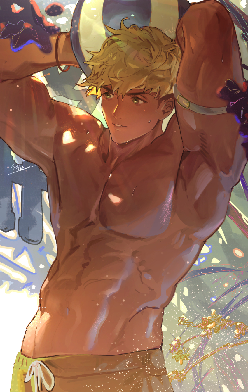 1boy abs ball beachball blonde_hair cloud day granblue_fantasy green_eyes highres holding holding_ball kshbjb3bppui9om large_pectorals male_focus male_swimwear muscular muscular_male navel nipples outdoors pectorals short_hair sky solo vane_(granblue_fantasy) wet yellow_male_swimwear