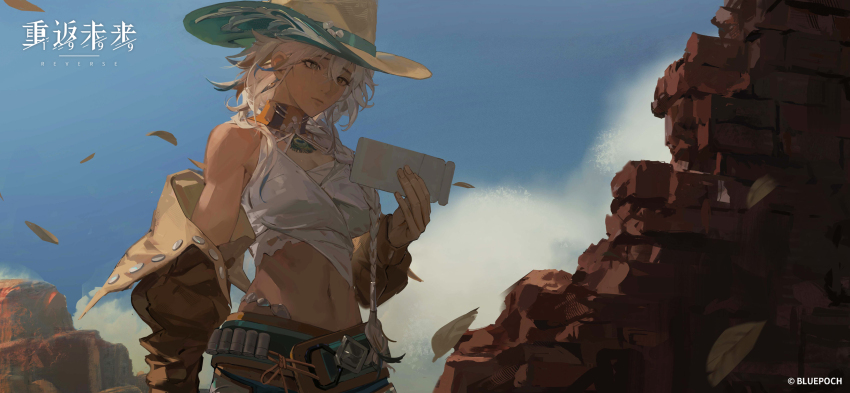 1girl argus_(reverse:1999) bare_shoulders blonde_hair blue_sky braid breasts brown_hat brown_sleeves cleavage cliff cloud copyright_name copyright_notice cowboy_hat crop_top day detached_sleeves falling_leaves grey_eyes hair_over_shoulder hand_up hat heterochromia highres holding holding_ticket leaf logo long_braid long_hair looking_at_object medium_breasts navel official_art official_wallpaper outdoors reverse:1999 scar scar_across_eye single_braid sky solo stomach tank_top ticket upper_body white_tank_top wind yellow_eyes