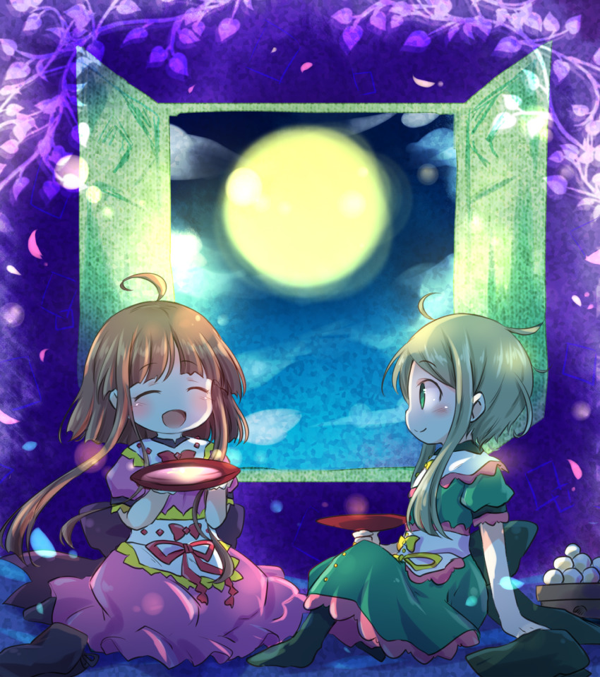 2girls ^_^ ahoge arm_support black_socks blunt_bangs blush branch brown_hair closed_eyes cloud commentary_request cup dango dress food full_moon green_eyes green_hair hat unworn_headwear highres holding holding_cup looking_at_another moon multiple_girls night night_sky nishida_satono open_door open_mouth pantyhose partial_commentary petals pink_dress pote_(ptkan) profile puffy_short_sleeves puffy_sleeves sakazuki seiza short_hair_with_long_locks short_sleeves sidelocks sitting sky smile socks tate_eboshi teireida_mai touhou tsukimi tsukimi_dango wagashi