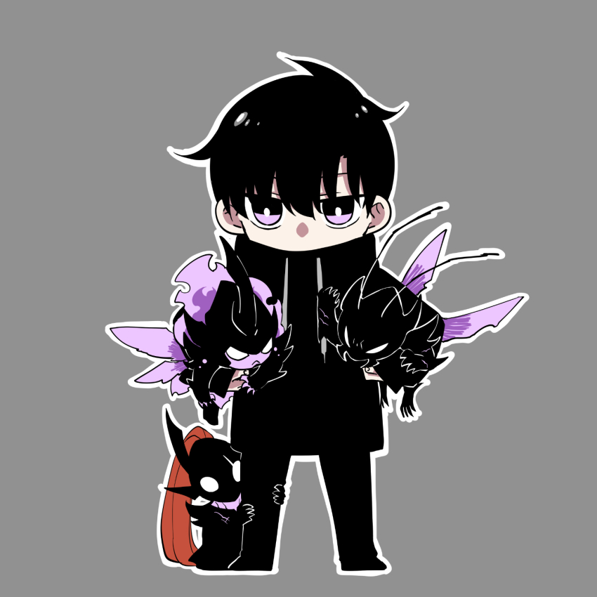 8mo10 beru_(solo_leveling) black_footwear black_hair black_hoodie black_pants chibi deformed drawstring grey_background hair_between_eyes highres holding_chibi hood hoodie hugging_another&#039;s_leg igris_(solo_leveling) iron_(solo_leveling) outline pants purple_eyes purple_theme short_hair simple_background solo_leveling sung_jin-woo white_outline