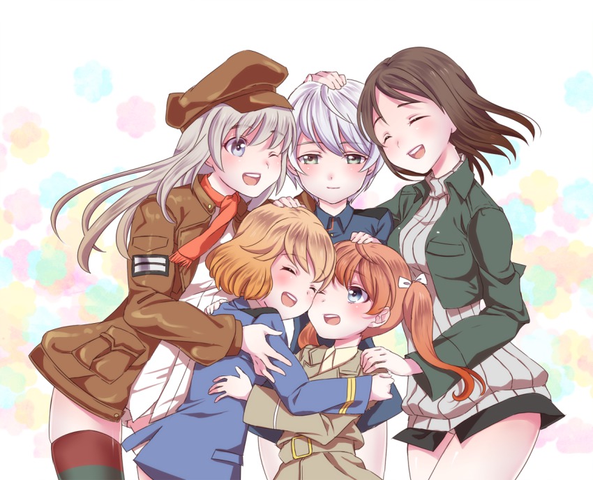 5girls amelie_planchard blue_eyes brown_hair closed_eyes cropped_jacket francie_gerard green_eyes hair_ribbon hand_on_head hat hug kadomaru_misa laura_toth military military_uniform multiple_girls no_pants one_eye_closed open_mouth orange_hair panties ribbed_sweater ribbon silver_hair smile strike_witches strike_witches:_katayoku_no_majo-tachi striped_clothes striped_legwear striped_thighhighs sweater thighhighs totonii_(totogoya) twintails underwear wilma_bishop wink world_witches_series