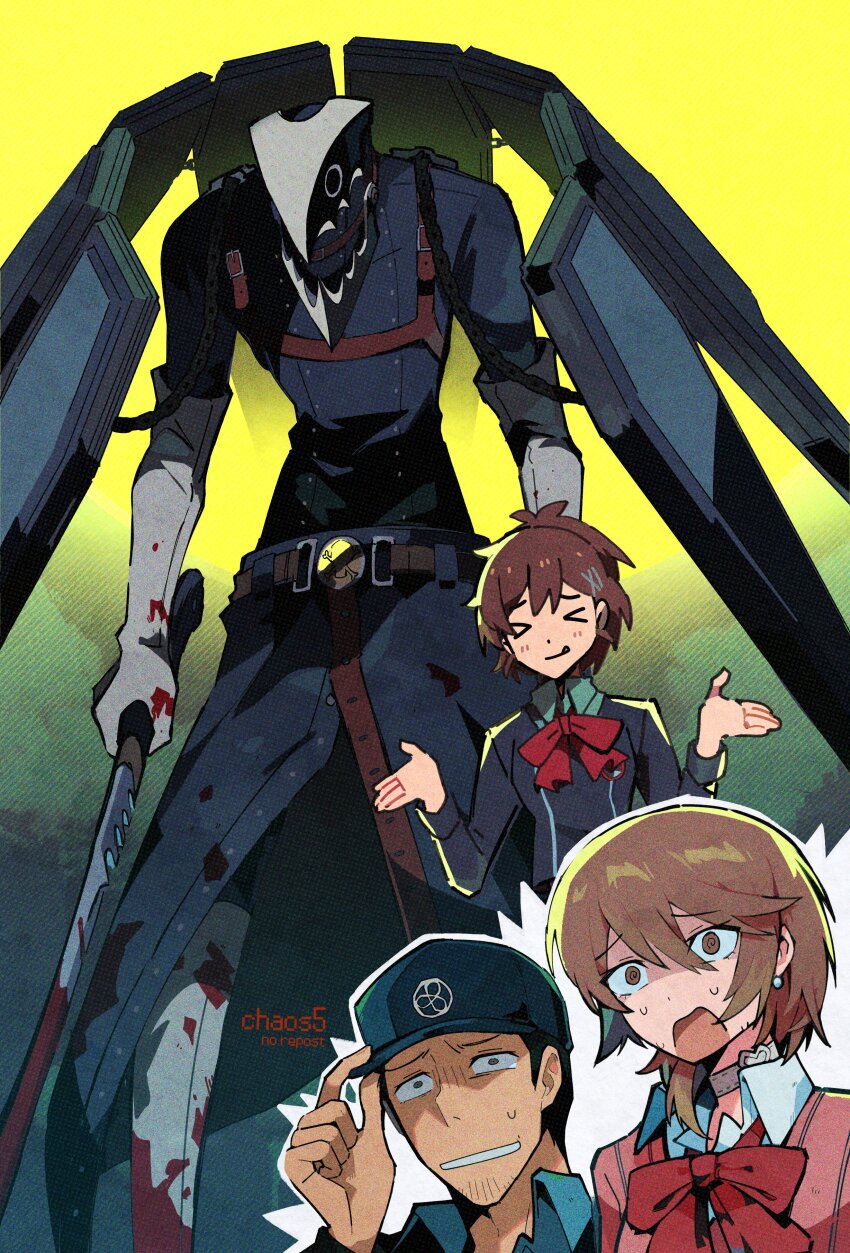 &gt;_&lt; 1boy 2girls @_@ absurdres artist_name baseball_cap black_jacket blood blood_on_clothes bloody_weapon blush bow brown_eyes brown_hair chaos5 choker closed_eyes collared_shirt dojikko earrings facial_hair gekkoukan_high_school_uniform green_sky hair_ornament hairclip hat hat_tip highres holding holding_sword holding_weapon iori_junpei jacket jewelry long_sleeves multiple_girls open_mouth persona persona_3 persona_3_portable red_bow scared school_uniform shiomi_kotone shirt short_hair shrugging skirt sky smile stubble stud_earrings sword takeba_yukari thanatos_(persona) tongue tongue_out weapon