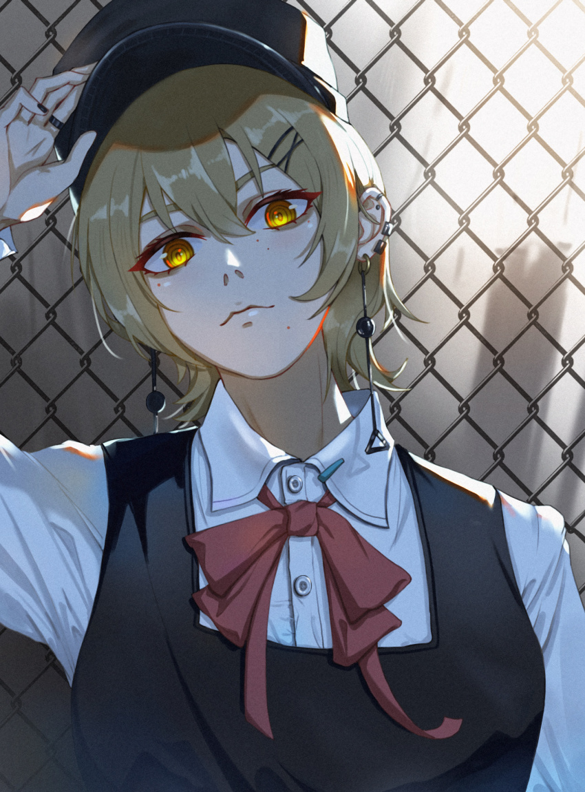 1girl black_dress black_hat black_nails blonde_hair chain-link_fence chainsaw_man closed_mouth collared_shirt dress ear_piercing earrings fami_(chainsaw_man) fence fourth_east_high_school_uniform hair_ornament hat highres jewelry kotoior long_sleeves looking_at_viewer mole mole_under_eye mole_under_mouth multiple_moles neck_ribbon peaked_cap piercing pinafore_dress red_ribbon ribbon ring ringed_eyes school_uniform shirt short_hair sleeveless sleeveless_dress solo white_shirt x_hair_ornament yellow_eyes