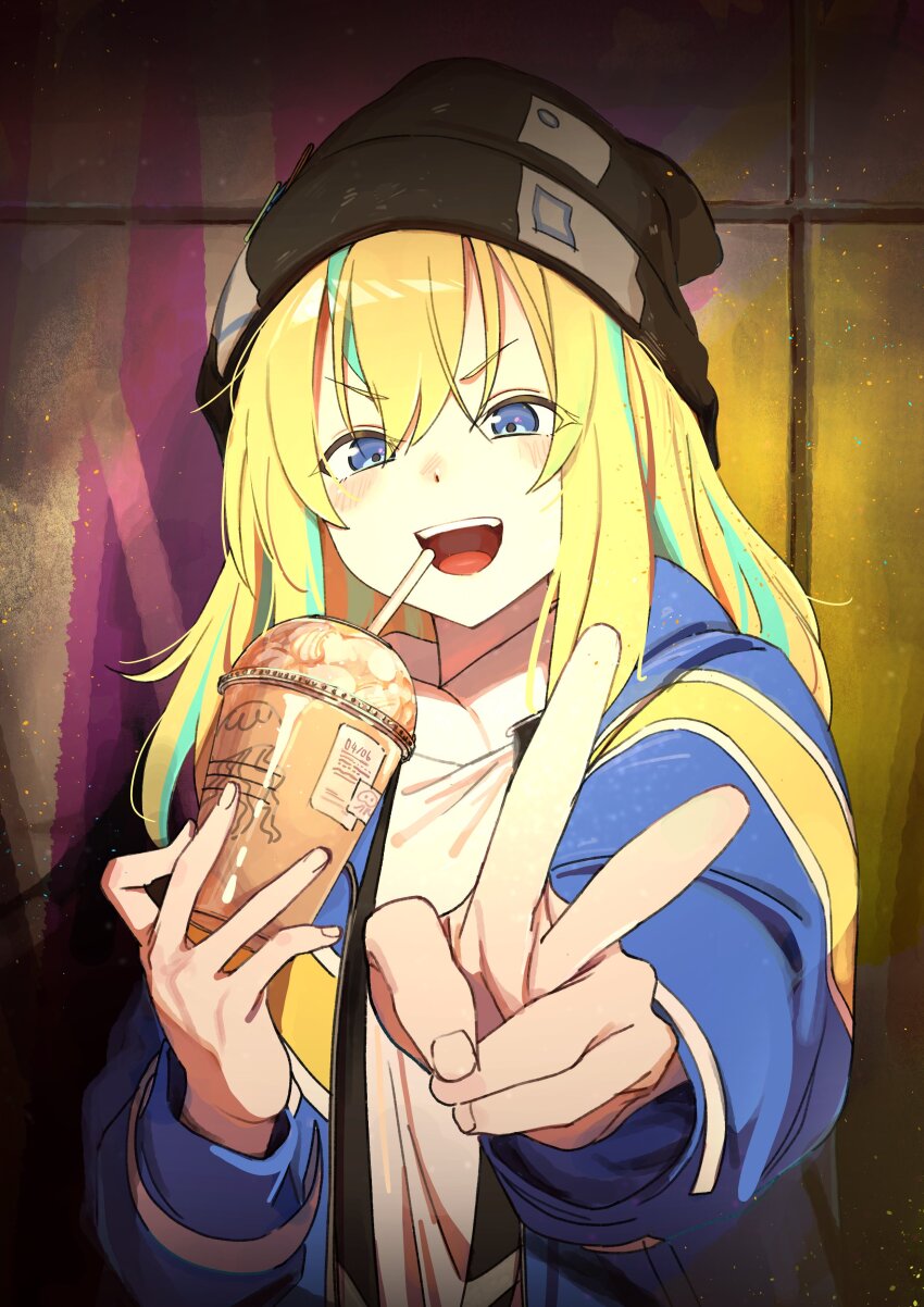 1girl absurdres black_hat blonde_hair blue_eyes blue_hair blue_jacket chou_(danny8461) cup disposable_coffee_cup disposable_cup drinking_straw hat highres holding holding_cup jacket long_hair long_sleeves looking_at_viewer multicolored_hair open_mouth solo stone_wall two-tone_hair upper_body very_long_hair wall yamanouchi_kano yoru_no_kurage_wa_oyogenai