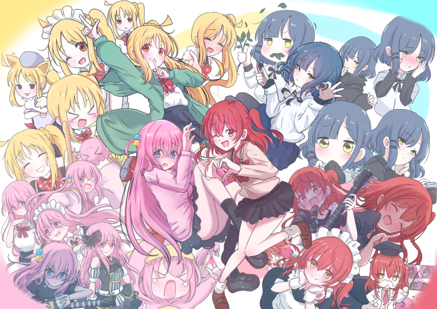 &gt;_&lt; &gt;_o +++ 4girls ;d ahoge animal_ears apron arm_up arrow_(symbol) bikini black_bow black_dress black_gloves black_hoodie black_pantyhose black_ribbon black_shirt black_skirt black_socks blue_dress blue_eyes blue_hair blue_skirt blush bocchi_the_rock! bow bowtie breasts brown_footwear cellphone closed_mouth coat collared_shirt crossed_bangs cube_hair_ornament dinosaur_costume dress earbuds earphones eating eighth_note electric_guitar eyelashes fake_facial_hair fake_mustache flying_sweatdrops folding_fan frilled_apron frilled_dress frills gibson_les_paul giorgio_(yo_sumire_sola1) gloves gotoh_hitori gotoh_hitori_(octopus) guitar hair_between_eyes hair_bow hair_ornament hand_fan hand_up haori hat heart heart_background heart_hands highres holding holding_fan holding_instrument hood hood_up hoodie ijichi_nijika instrument jacket japanese_clothes jitome kimono kita_ikuyo large_breasts leaf like_and_retweet loafers long_hair long_sleeves looking_at_viewer maid maid_apron maid_headdress medium_hair meme microphone microphone_stand miniskirt mole mole_under_eye mortarboard multiple_girls multiple_views musical_note neck_ribbon necktie nose_blush official_alternate_costume one_eye_closed one_side_up open_mouth pantyhose phone pink_hair pink_jacket pink_kimono pleated_skirt puffy_short_sleeves puffy_sleeves quarter_note raised_eyebrows red_bow red_bowtie red_hair ribbon sailor_collar sailor_shirt school_uniform serious shaded_face shirt shirt_tucked_in shoes short_sleeves shuka_high_school_uniform sidelocks simple_background skirt sleeve_cuffs sleeveless sleeveless_dress smartphone smile socks split_mouth spoken_blush staff_(music) sweatdrop swimsuit tearing_up thumbs_up track_jacket v v-shaped_eyebrows very_long_hair white_apron white_background white_bikini white_coat white_sailor_collar white_shirt wide_sleeves wrist_cuffs yamada_ryo yamcha_pose_(meme) yellow_eyes