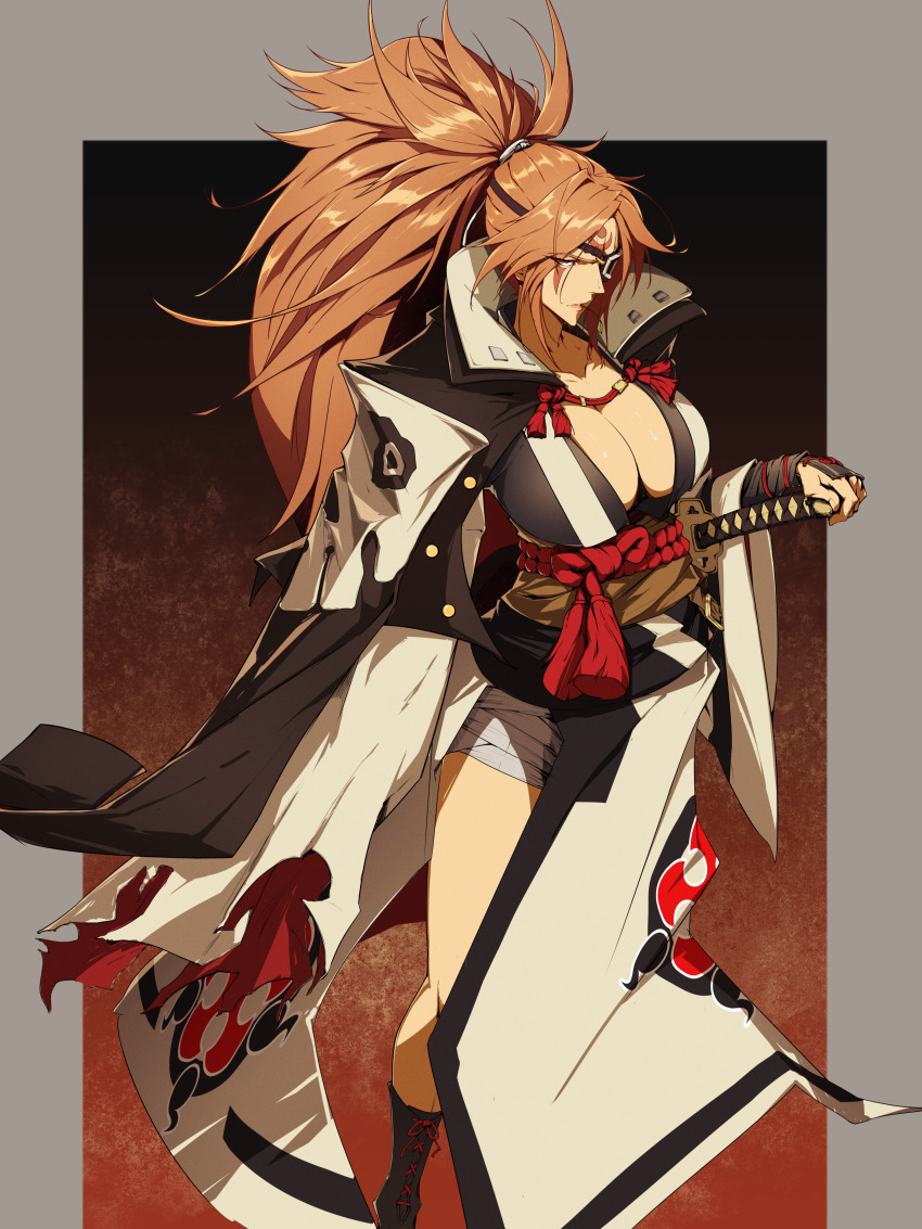 1girl absurdres baiken border breasts commentary english_commentary eyepatch guilty_gear highres japanese_clothes katana large_breasts long_hair pink_hair ponytail scar scar_across_eye skull_print solo sword weapon wussensei