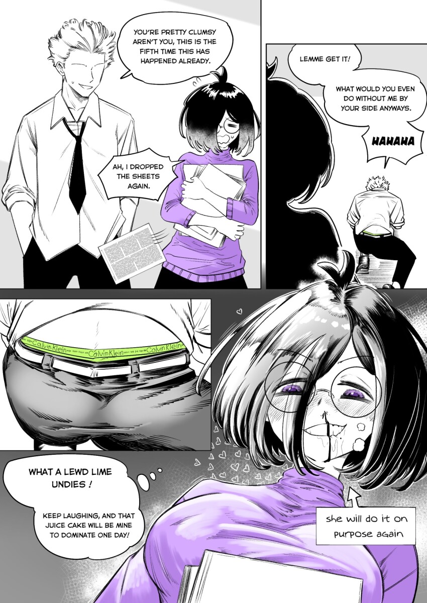 1boy 1girl 2024 absurdres antenna_hair aroused aroused_nosebleed ass belt biting_own_lip black_hair black_pants black_shoes blood blush boxers breasts close-up closed_eyes collared_shirt comic commentary english_commentary english_text female_pervert green_male_underwear hair_slicked_back hands_in_pockets heart heart_print height_difference highres kneeling large_breasts long_sleeves looking_down male_underwear male_underwear_peek medium_hair multiple_views necktie nose_blush nosebleed open_mouth original panels pants paper partially_colored pervert picking_up puff_of_air purple_eyes purple_sweater role_reversal round_eyewear saliva shirt shoes sleeves_rolled_up speech_bubble spot_color sweater teacher_and_student teeth thought_bubble turtleneck underwear v-shaped_eyebrows white_shirt whjtedragonfly