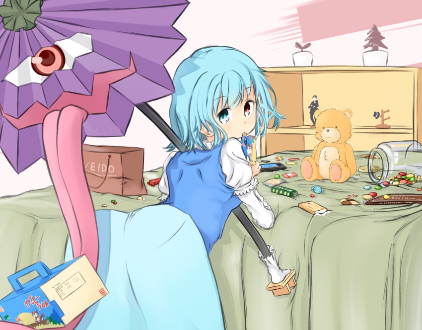 1girl ass bed blue_eyes blue_hair candy female_focus figure food game_console heterochromia highres hoshifune karakasa_obake looking_at_viewer mario_(series) matching_hair/eyes nintendo plant red_eyes short_hair solo stuffed_animal stuffed_toy super_mario_bros._1 tatara_kogasa teddy_bear tongue_hold touhou umbrella