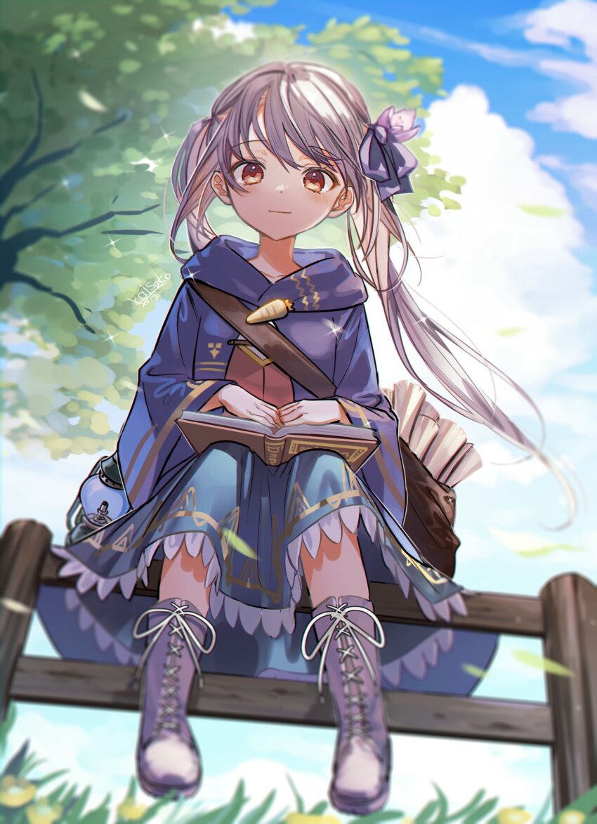 1girl artist_name bag blue_skirt blue_sky blurry blush book book_on_lap boots bow brown_eyes choppy_bangs closed_mouth cloud collarbone commission cross-laced_footwear day depth_of_field dot_nose from_below full_body hair_bow hair_ornament highres kaisake_(utp) lace-up_boots leaning_forward light_brown_hair light_smile long_hair long_skirt long_sleeves looking_at_viewer open_book original outdoors purple_bow purple_footwear scroll sitting sitting_on_fence skeb_commission skirt sky solo swept_bangs tree twintails wide_sleeves