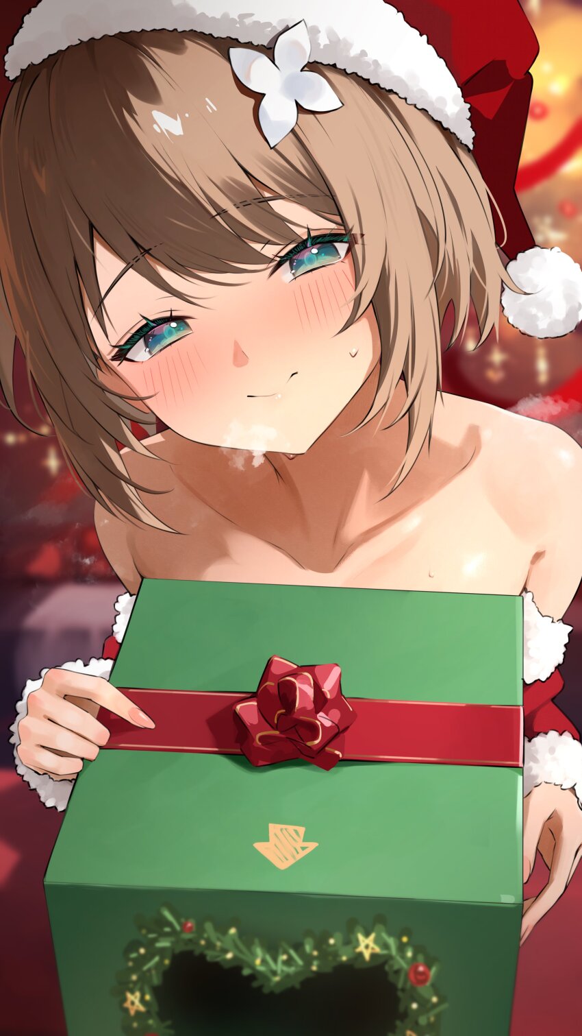 1girl absurdres aogiri_koukou aqua_eyes bare_shoulders blurry blurry_background blush bob_cut box breasts_in_a_box brown_hair closed_mouth collarbone commentary_request dress fingernails gift gift_box hat heavy_breathing highres kkix25 kurikoma_komaru looking_at_viewer mixed-language_commentary nose_blush off_shoulder red_dress red_hat santa_dress santa_hat short_hair smile solo virtual_youtuber