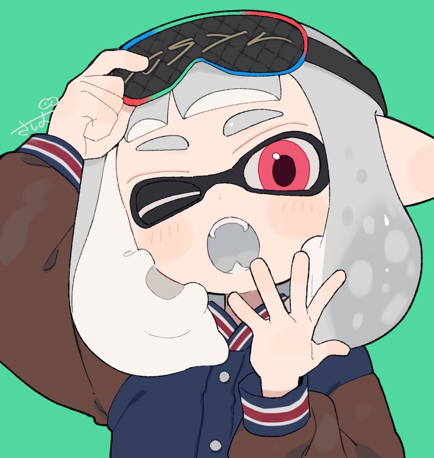 1girl adjusting_clothes adjusting_headwear arm_up blue_jacket blush brown_sleeves fangs green_background grey_hair grey_tongue hand_up highres inkling inkling_girl inkling_player_character jacket letterman_jacket long_sleeves looking_at_viewer medium_hair nintendo one_eye_closed open_mouth pointy_ears portrait red_eyes sabata_saba signature simple_background sleep_mask solo splatoon_(series) suction_cups tentacle_hair thick_eyebrows yawning