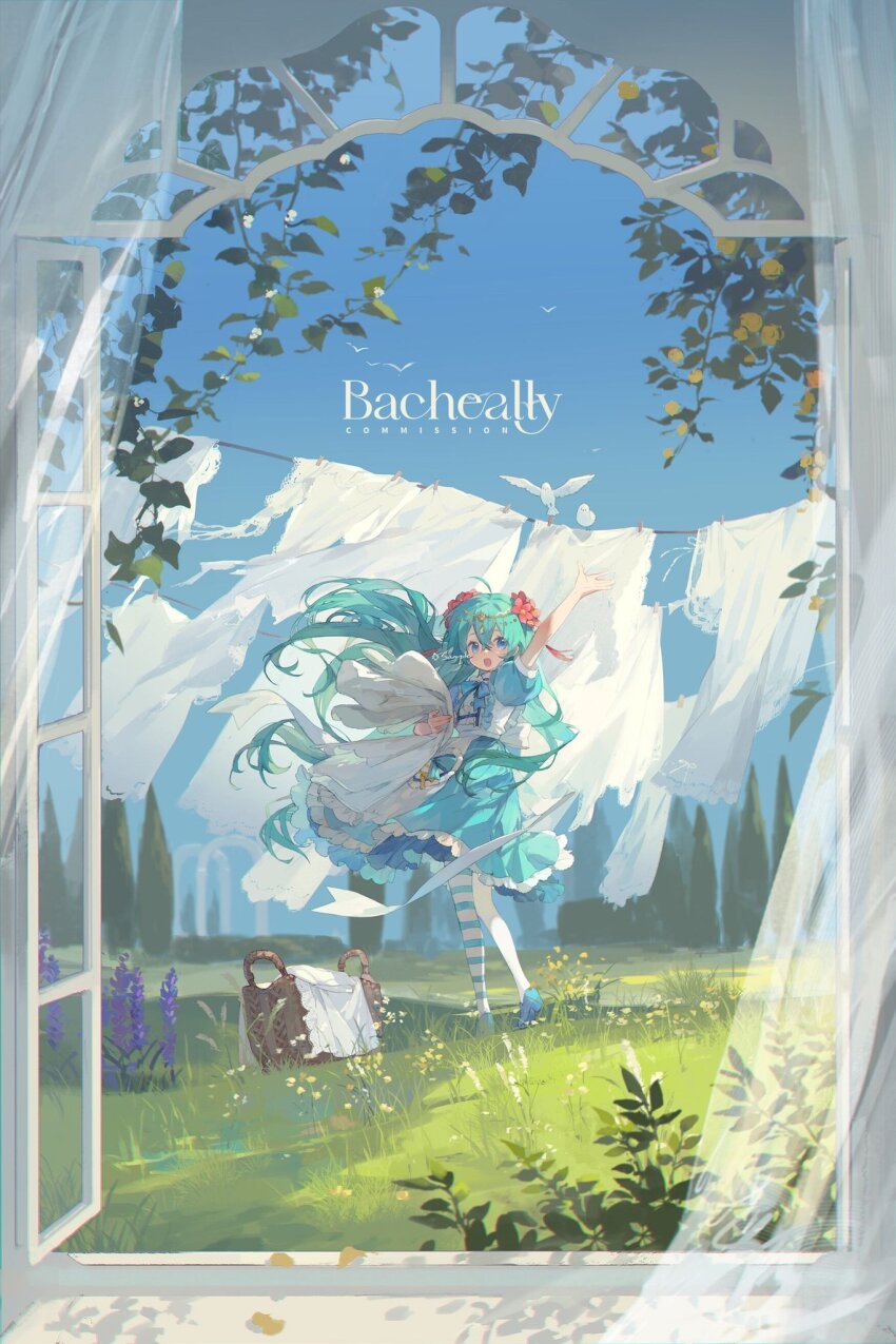 1girl :d apron aqua_hair arm_up bacheally basket bed_sheet bird bird_wings blue_dress blue_eyes blue_sky blush border bow bowtie cake collared_dress commission curtains dove dress floating_hair flower food frilled_dress frilled_shirt frills from_inside full_body grass hair_between_eyes hair_flower hair_ornament hairclip hanging_sheet high_collar highres holding holding_sheet leaf long_hair long_sleeves looking_at_viewer open_mouth original outdoors pantyhose pink_flower plant puffy_long_sleeves puffy_sleeves ribbon seagull shadow shirt shoes sky smile solo standing sunlight thighhighs tree very_long_hair waving white_apron white_flower white_shirt white_wings wide_shot wind window wings x_hair_ornament