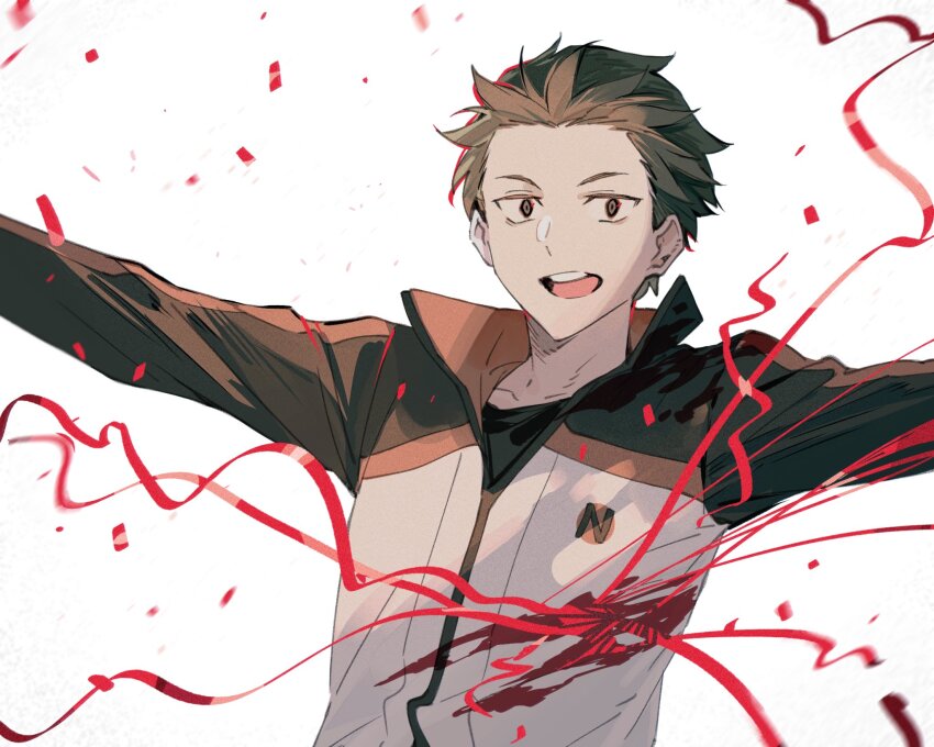 1boy black_hair blood brown_eyes confetti cuts highres injury jacket long_sleeves looking_at_viewer male_focus natsuki_subaru open_mouth popped_collar re:zero_kara_hajimeru_isekai_seikatsu short_hair simple_background smile solo streamers teeth track_jacket upper_teeth_only white_background xing_20