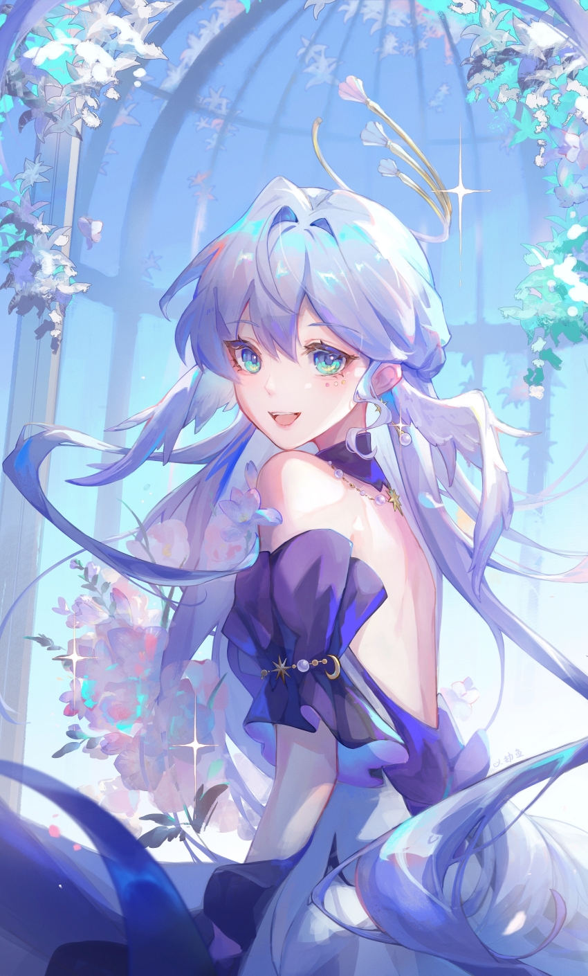 1girl :d absurdres backless_dress backless_outfit bare_back bare_shoulders blue_eyes blue_hair detached_sleeves dome dress earrings facial_mark flower from_behind hair_intakes halo head_wings highres honkai:_star_rail honkai_(series) ivy jewelry long_hair looking_at_viewer looking_back open_mouth purple_dress robin_(honkai:_star_rail) single_earring smile solo sparkle sususs739 upper_body wings