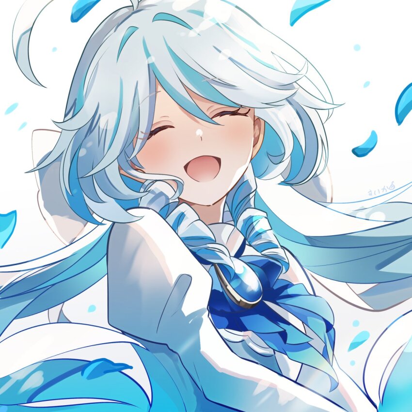 1girl ahoge ascot blue_ascot blue_brooch blush closed_eyes commentary_request dress drill_hair furina_(genshin_impact) furina_(initial_design)_(genshin_impact) furina_(old_design)_(genshin_impact) genshin_impact hair_between_eyes highres long_hair multicolored_hair official_alternate_costume official_alternate_hairstyle open_mouth sidelocks simple_background smile solo streaked_hair suika_(rios151794) two-tone_hair upper_body white_background white_dress