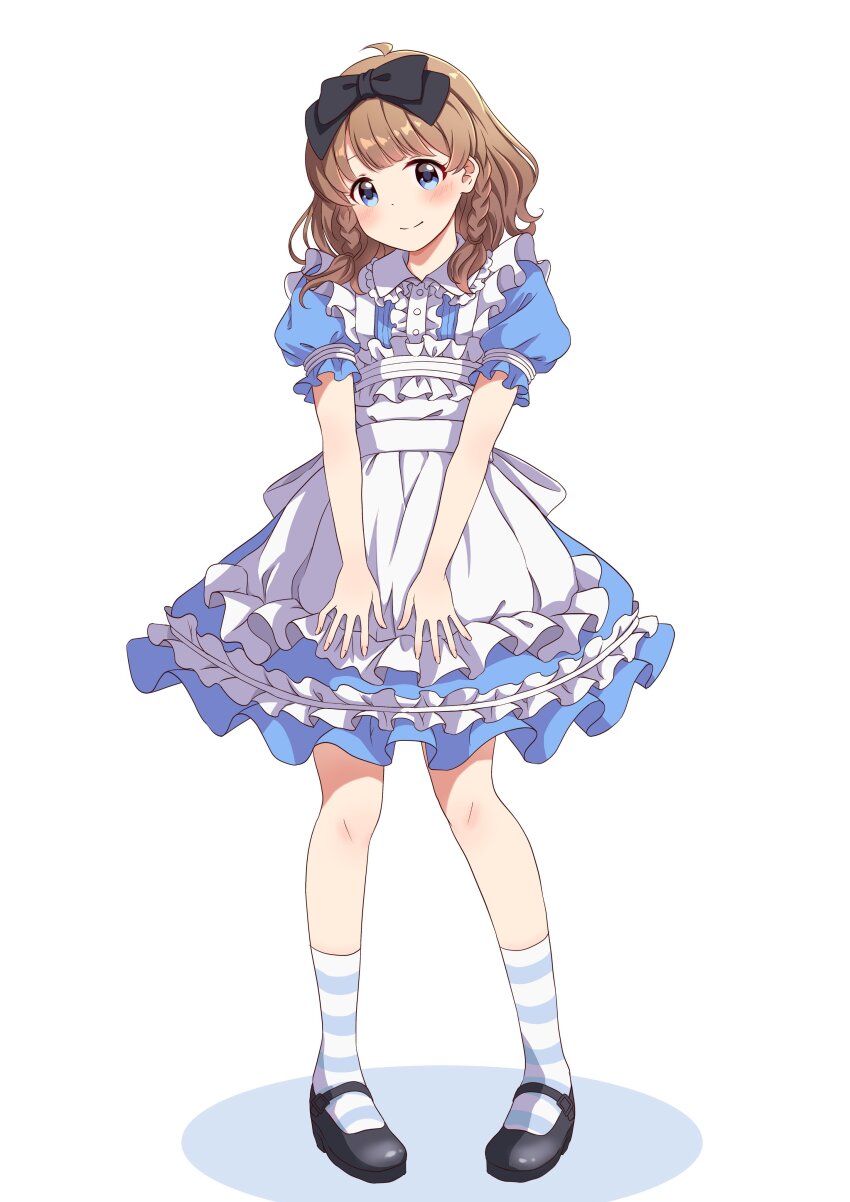 1girl absurdres ahoge alice_(alice_in_wonderland) alice_(alice_in_wonderland)_(cosplay) apron back_bow black_bow black_footwear blue_dress blue_eyes blush bow braid brown_hair buttons cosplay dot_nose dress flat_chest frilled_apron frilled_dress frills full_body hair_bow head_tilt highres idolmaster idolmaster_million_live! looking_at_viewer low_twin_braids mary_janes medium_hair puffy_short_sleeves puffy_sleeves shoes short_sleeves smile socks solo standing striped_clothes striped_socks suou_momoko twin_braids wavy_hair white_apron white_background yukipo_p