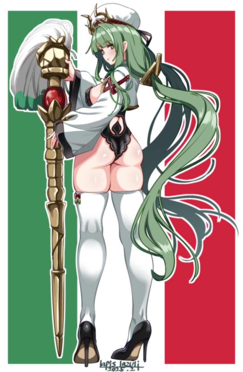 1girl :p artist_name ass azur_lane black_leotard black_shoes from_behind full_body green_hair hair_intakes hat high_heels highres huge_brush italian_flag kneepits leotard long_hair long_sleeves looking_at_viewer looking_back low_twintails raffaello_(azur_lane) shoes shrug_(clothing) signature skindentation solo standing thighhighs tongue tongue_out twintails umyonge_(lkakeu) very_long_hair white_hat white_shrug white_thighhighs x_x