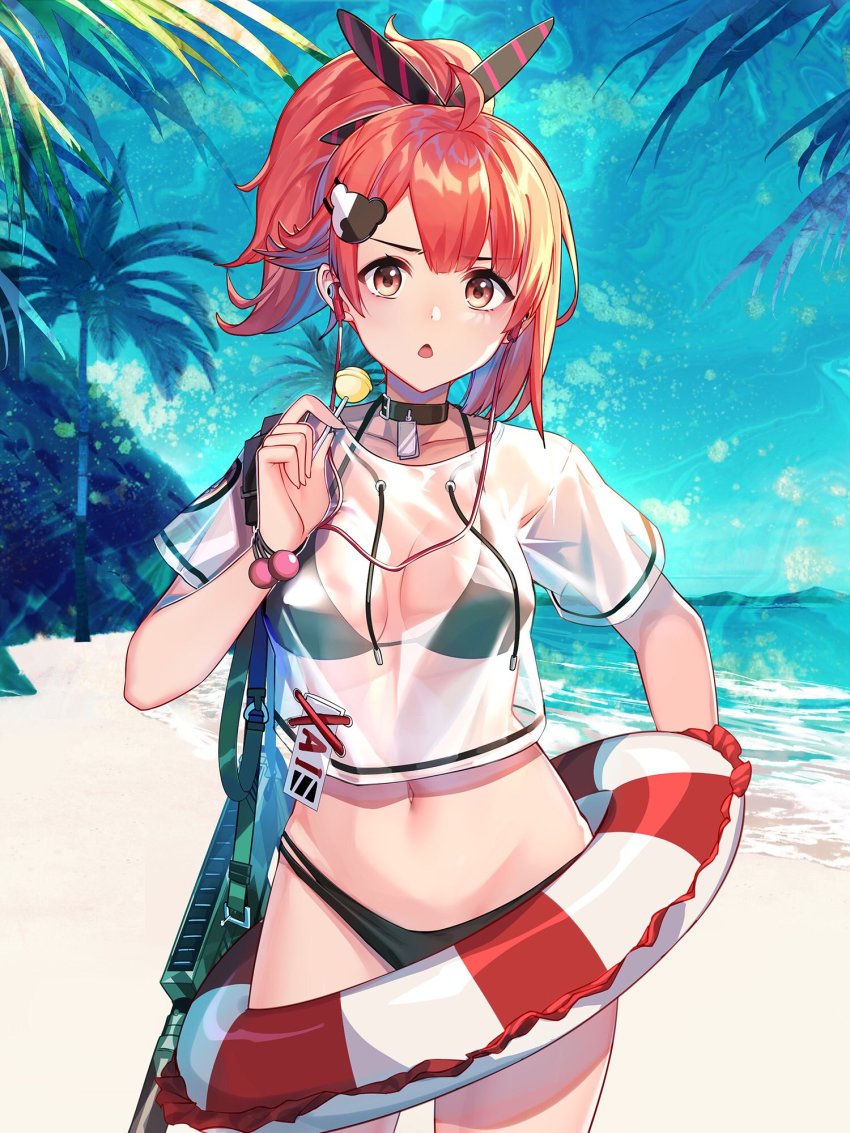 1girl beach bikini breasts commission gendo0032 girls&#039;_frontline hair_ornament highres lifebuoy looking_at_viewer medium_breasts mp7_(lollipop_ammo)_(girls&#039;_frontline) official_alternate_costume original red_eyes red_hair see-through_clothes see-through_shirt solo swim_ring swimsuit