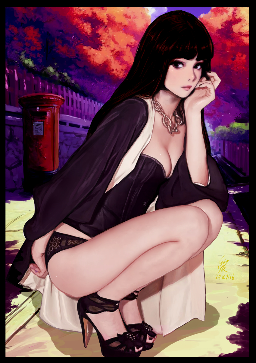 10s 1girl absurdres black_panties breasts cleavage corset female_focus full_body high_heels highres hishiro_chizuru jewelry lace lace_panties lips long_hair looking_at_viewer mailbox nail_polish necklace open_clothes panties relife solo squatting toenail_polish toenails underwear