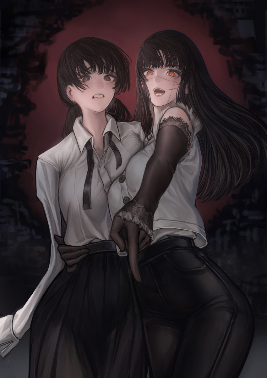 2girls absurdres amputee arm_around_waist black_eyes black_hair black_pants black_skirt breast_press chainsaw_man collared_shirt double_amputee highres long_hair low_twintails mitaka_asa multiple_girls nikumocchi open_mouth orange_eyes pants pointing ringed_eyes scar scar_on_face shirt skirt teeth twintails white_shirt yoru_(chainsaw_man)