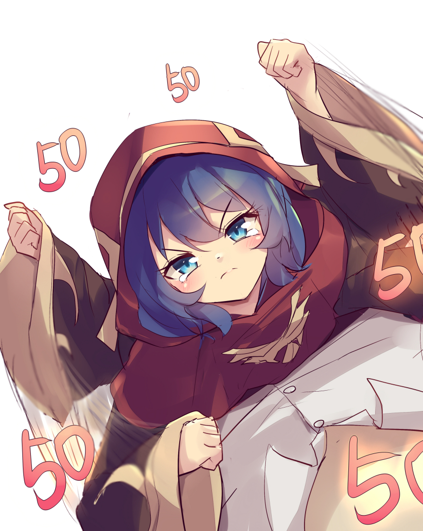 1girl 1other absurdres angry blue_eyes blue_hair blush clenched_hand closed_mouth damage_numbers duel_monster gameplay_mechanics hand_up highres hitting kanzakietc lo_the_prayers_of_the_voiceless_voice long_sleeves looking_at_viewer looking_up outstretched_arms red_hood robe short_hair simple_background tears upper_body white_background yu-gi-oh!