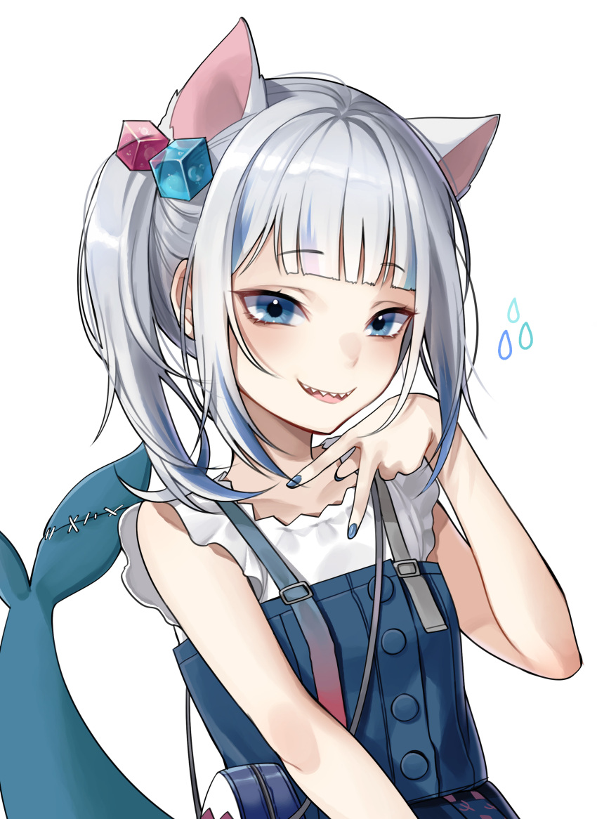 1girl absurdres animal_ears bag blue_bag blue_eyes blue_hair blue_nails blue_skirt blunt_bangs cat_ears collarbone commentary cube_hair_ornament ddungddang extra_ears fins fish_tail frilled_sleeves frills gawr_gura grey_hair hair_ornament hand_up highres hololive hololive_english looking_at_viewer medium_hair multicolored_hair official_alternate_costume official_alternate_hairstyle open_mouth shark_girl shark_tail sharp_teeth shirt short_sleeves shoulder_bag side_ponytail simple_background skirt smile solo streaked_hair suspender_skirt suspenders tail teeth upper_body upper_teeth_only v virtual_youtuber white_background white_shirt