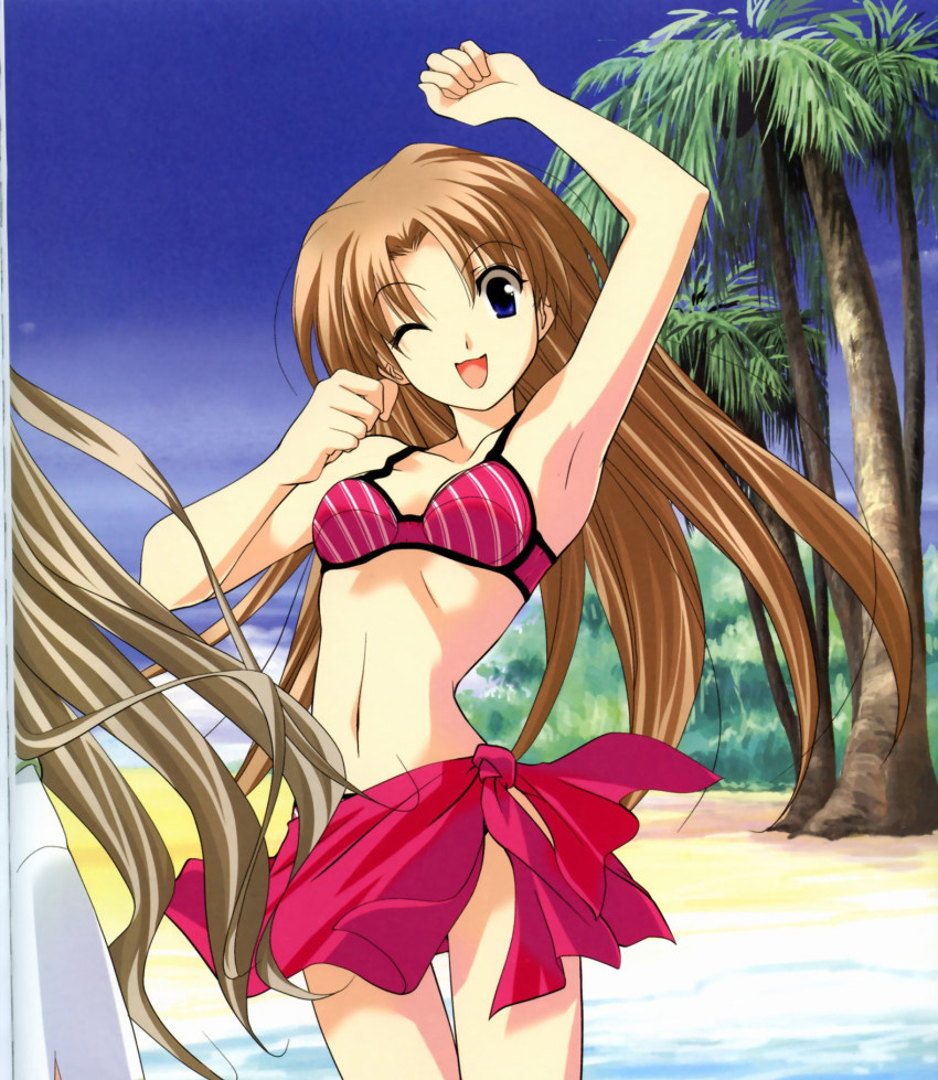 00s 1girl armpits beach bikini blue_eyes brown_hair day female_focus futakoi highres long_hair momoi momoi_ai one_eye_closed outdoors palm_tree sarong sasaki_mutsumi solo striped_bikini striped_clothes swimsuit tree wink