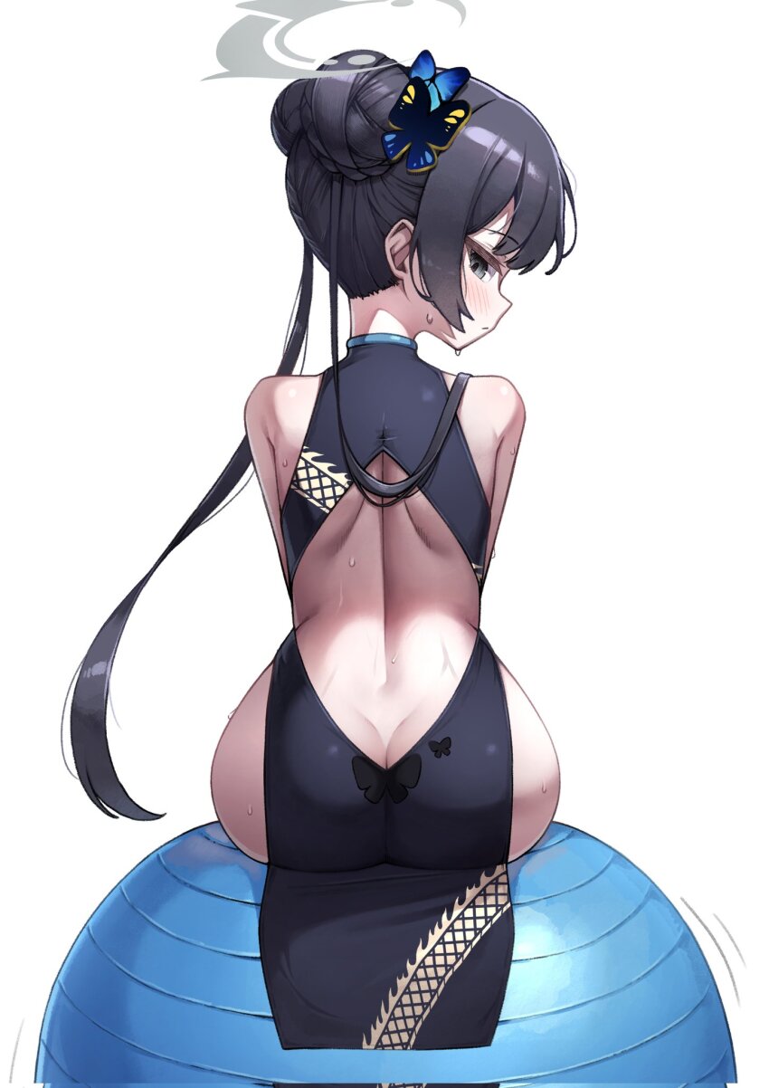 1girl ass back_cutout ball bare_shoulders black_dress black_eyes black_hair blue_archive butt_crack china_dress chinese_clothes clothing_cutout corrupted_twitter_file double_bun dress exercise_ball from_behind grey_halo hair_bun halo hapy_(parkhyunjae9494) highres kisaki_(blue_archive) looking_at_viewer looking_back simple_background sitting sitting_on_object solo white_background