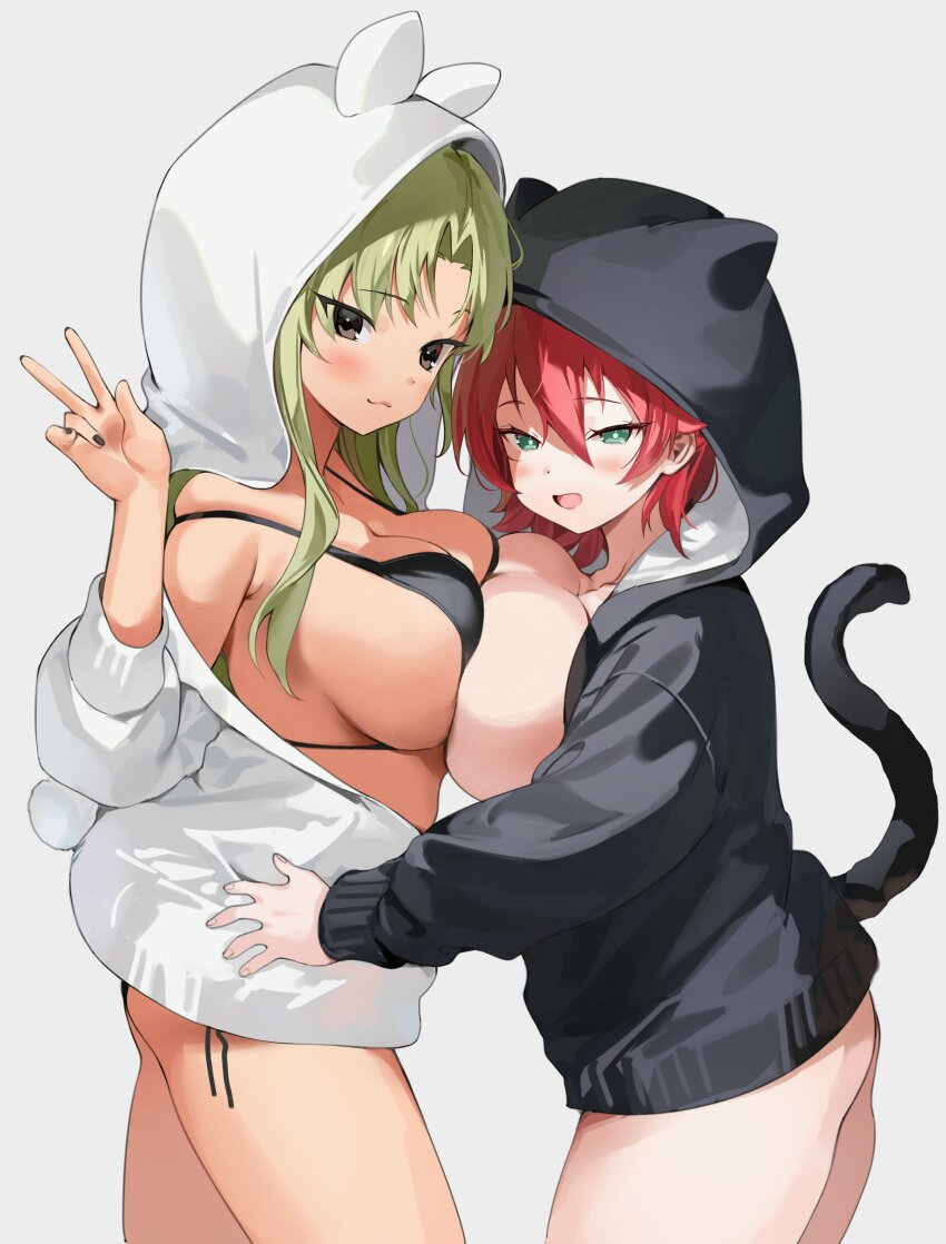 2girls absurdres animal_hood ass bikini black_bikini black_jacket black_nails blonde_hair blush breast_press breasts closed_mouth commentary gogoco green_eyes hair_between_eyes highres hood hood_up hooded_jacket jacket large_breasts long_hair looking_at_viewer multiple_girls nail_polish open_mouth original red_hair short_hair simple_background swimsuit symbol-only_commentary symmetrical_docking tail w white_jacket