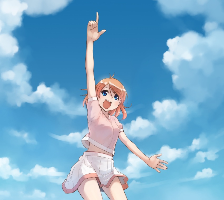 1girl :d blue_eyes blue_sky cloud cloudy_sky day highres ikeda_jun_(mizutamari) looking_at_viewer medium_hair midriff_peek miniskirt open_mouth orange_hair original outdoors pink_shirt pleated_skirt pointing pointing_up redrawn shirt short_sleeves skirt sky smile solo standing swept_bangs white_skirt