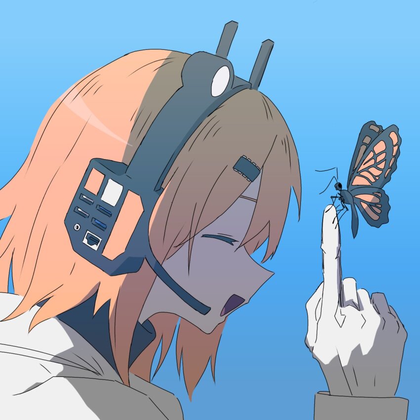 1girl a.i._voice adachi_rei atama_no_warumono black_shirt blue_background bug butterfly butterfly_on_hand closed_eyes from_side gloves hand_up headlamp headset highres index_finger_raised insect jacket long_sleeves medium_hair monarch_butterfly open_mouth orange_hair portrait profile radio_antenna shirt sidelighting simple_background smile solo turtleneck turtleneck_shirt usb_port_(object) utau white_gloves white_jacket