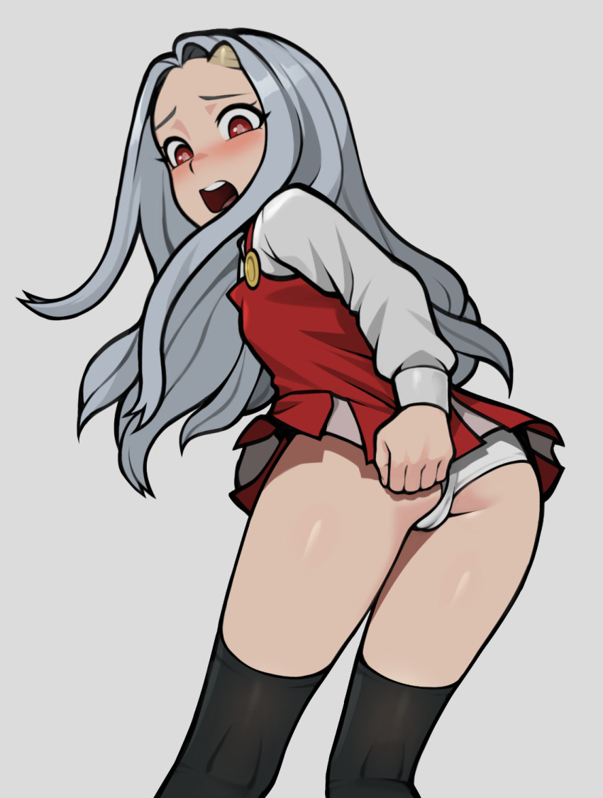 1girl ass black_thighhighs blush boku_no_hero_academia cameltoe cleft_of_venus dress embarrassed eri_(boku_no_hero_academia) from_behind grey_background grey_hair highres horns kneepits long_hair long_sleeves loodncrood nose_blush open_mouth panties pantyshot red_dress red_eyes shirt simple_background single_horn solo standing teeth thighhighs underwear upper_teeth_only white_panties white_shirt