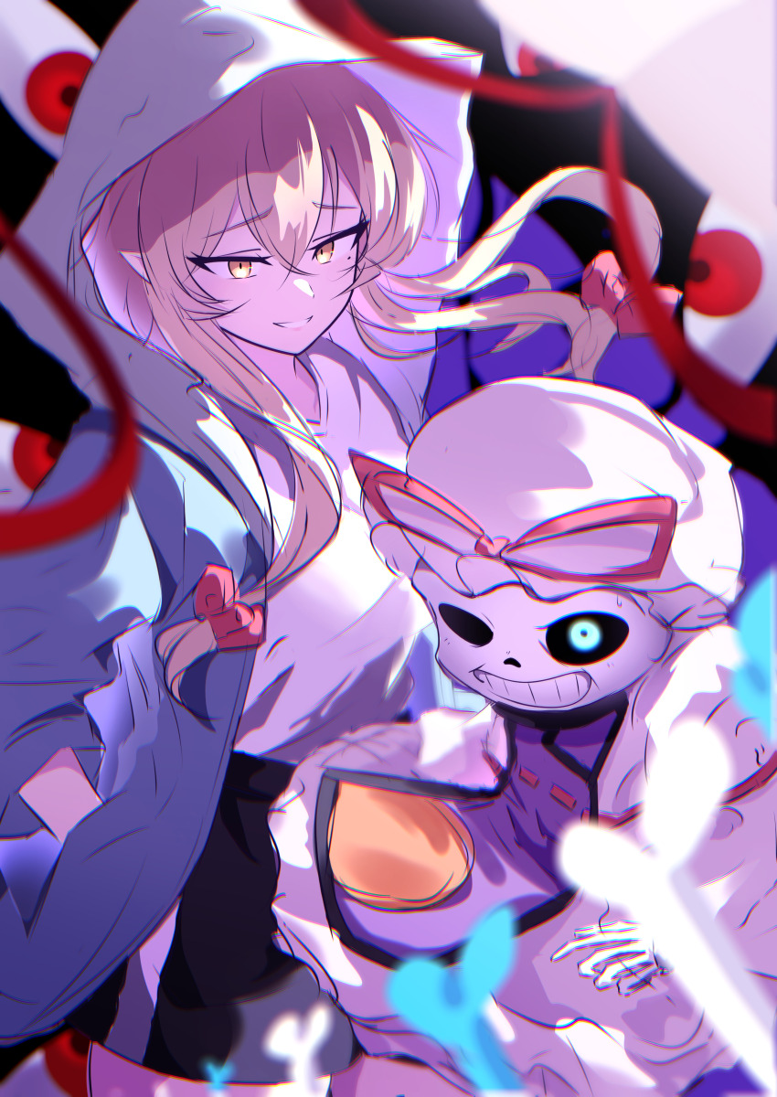 1boy 1girl absurdres blonde_hair blue_eyes cosplay costume_switch crossover dress gap_(touhou) hair_ribbon hands_in_pockets hat highres hood hoodie long_hair long_sleeves mob_cap mole mole_under_eye purple_tabard ribbon rinkaito1231 sans_(undertale) sans_(undertale)_(cosplay) shirt shorts skeleton smile tabard touhou touhou_danmaku_kagura undertale white_dress white_shirt yakumo_yukari yakumo_yukari_(cosplay) yellow_eyes