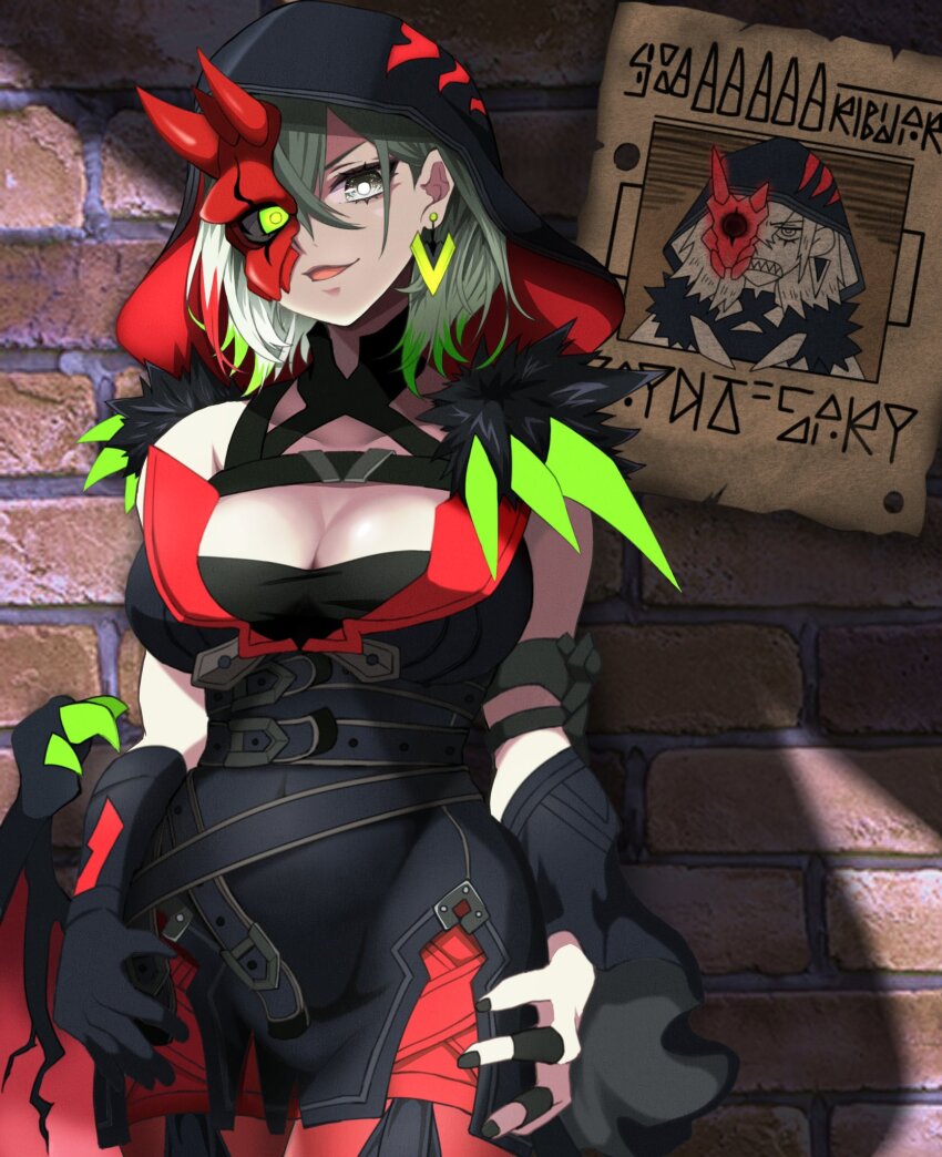 1girl against_wall bare_shoulders black_dress black_hood breasts cleavage cowboy_shot diabellstar_the_black_witch dress duel_monster green_eyes green_hair grey_eyes half_mask heterochromia highres hood hood_up large_breasts mask multicolored_hair red_hair red_mask short_hair solo tamayu96 wanted_poster yu-gi-oh! yu-gi-oh!_master_duel