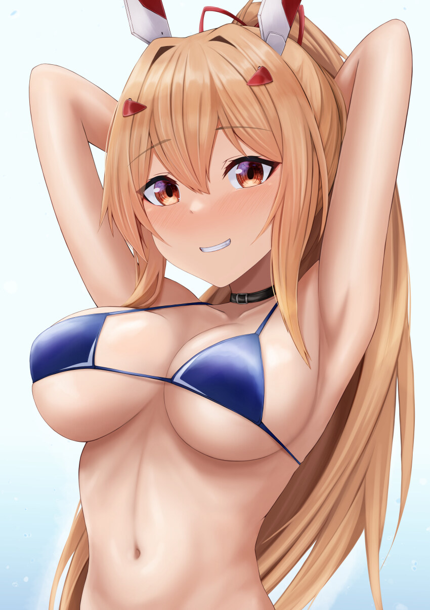 1girl absurdres armpits arms_behind_head arms_up ayanami_(azur_lane) ayanami_(retrofit)_(azur_lane) azur_lane bare_arms bare_shoulders bikini black_choker blonde_hair blue_bikini breasts choker cleavage grin hair_ornament halterneck highres large_breasts long_hair looking_at_viewer mechanical_ears navel ponytail red_eyes ryara simple_background skindentation smile solo stomach strap_gap string_bikini swimsuit upper_body white_background