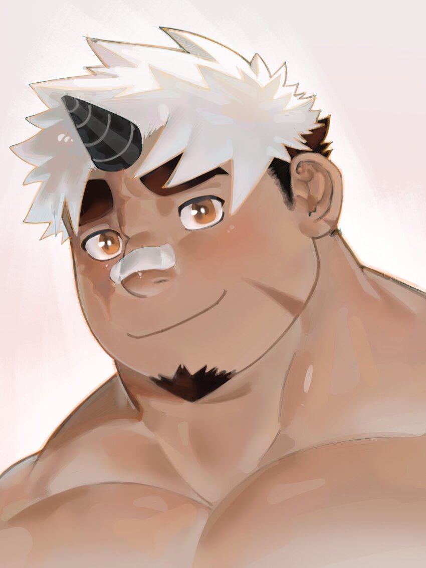 1boy akiha_gongen_(housamo) bandaid bandaid_on_face bandaid_on_nose bara dark-skinned_male dark_skin facial_hair goatee highres horns huge_eyebrows large_pectorals looking_at_viewer male_focus multicolored_hair muscular muscular_male nude overload_(nuhoangxitray) pectorals portrait short_hair sideburns single_horn smile solo tokyo_houkago_summoners two-tone_hair white_hair