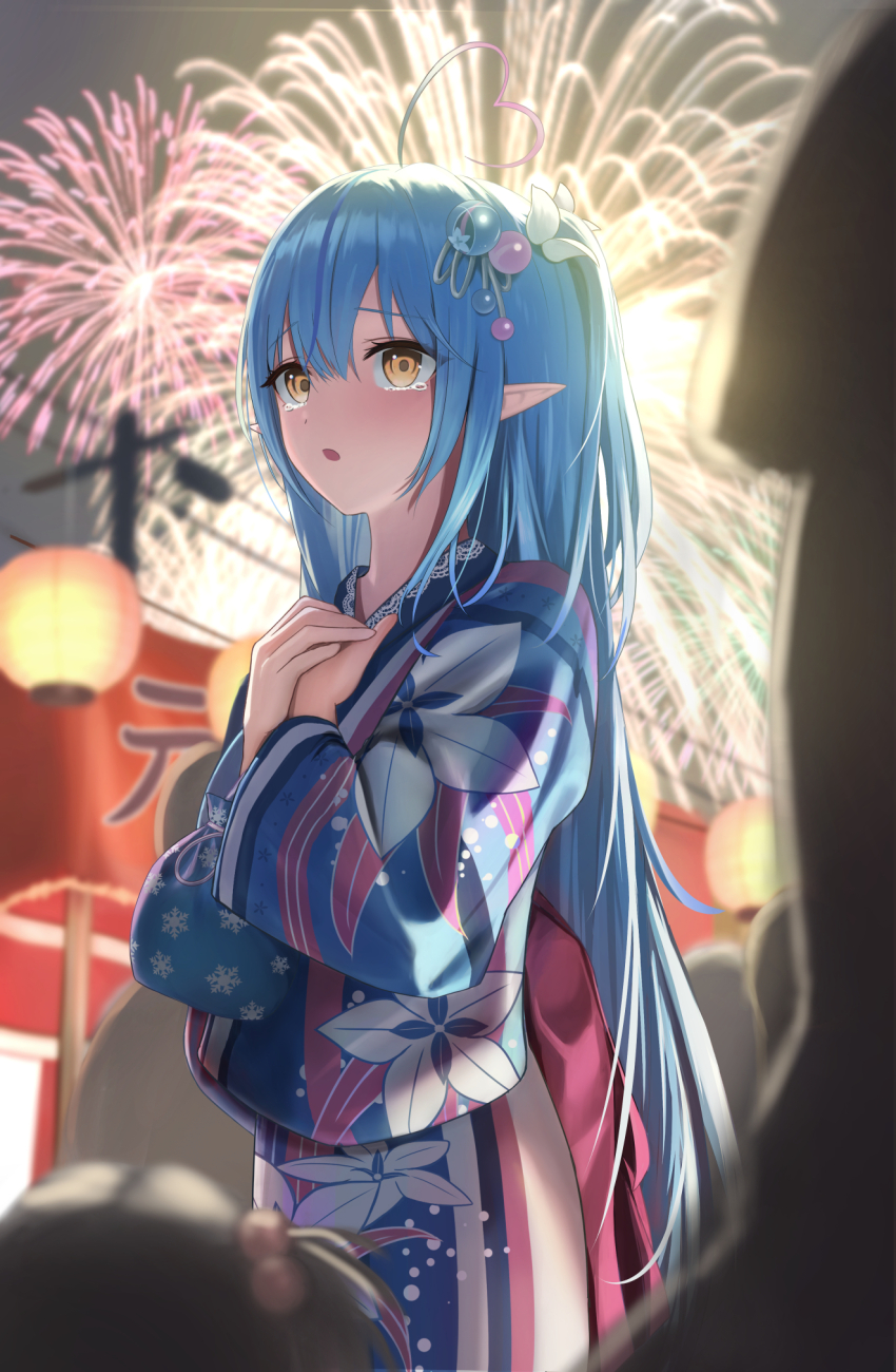 1girl ahoge blue_hair blue_kimono blurry blurry_background blurry_foreground blush cowboy_shot elf fireworks floral_print heart heart_ahoge highres hololive japanese_clothes kimono long_hair multicolored_clothes multicolored_kimono one_side_up pink_kimono pointy_ears solo solo_focus torjun_111 virtual_youtuber yellow_eyes yukihana_lamy