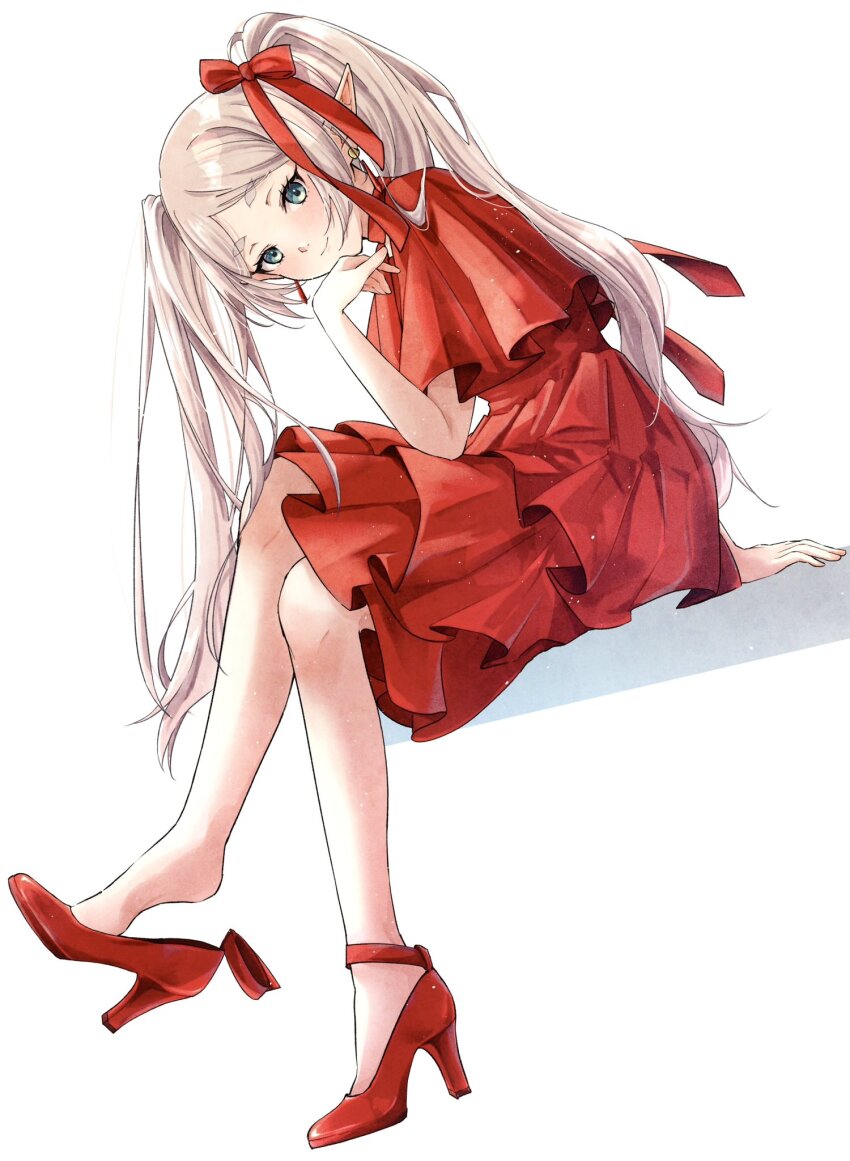 1girl arm_support bare_legs choker closed_mouth commentary_request crossed_legs dress dutch_angle earrings elf frieren full_body green_eyes hair_ribbon high_heels highres jewelry light_smile long_hair official_alternate_costume omichi_1219 parted_bangs pointy_ears red_choker red_dress red_footwear red_ribbon ribbon shoes sidelocks simple_background sitting solo sousou_no_frieren twintails very_long_hair white_background white_hair