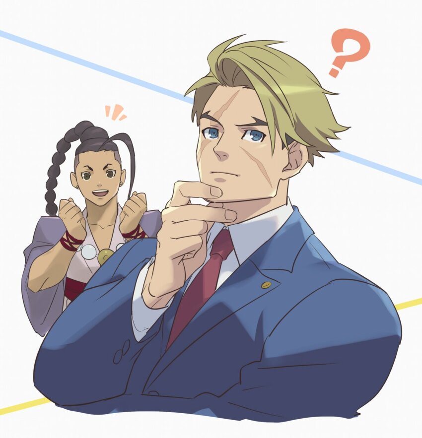 2boys ? ace_attorney arms_up blonde_hair blue_eyes blue_suit braid brown_eyes brown_hair clenched_hands closed_mouth commentary cosplay cropped_torso crossover dark-skinned_male dark_skin facial_scar forked_eyebrows formal_clothes hand_on_own_chin highres jacket jamie_siu jewelry lapels layered_clothes layered_sleeves long_bangs long_braid looking_to_the_side luke_sullivan magatama male_focus maya_fey maya_fey_(cosplay) multiple_boys multiple_scars necklace necktie notice_lines open_mouth phoenix_wright phoenix_wright_(cosplay) purple_robe red_necktie red_sash robe sash scar scar_across_eye scar_on_cheek scar_on_face shirt sideways_glance single_bang single_braid street_fighter street_fighter_6 suit suit_jacket talgi teeth thinking undershirt upper_teeth_only white_background white_robe white_shirt wide_sleeves wing_collar wristband