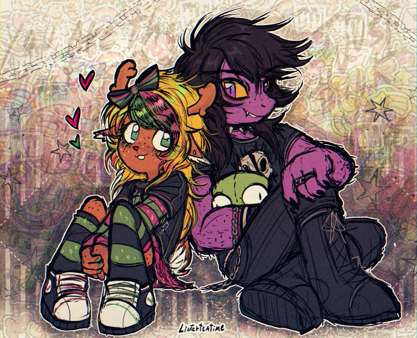 1boy 2girls alien animal_ears antlers blonde_hair colored_skin crossover deer_ears deer_girl deltarune emo_fashion freckles furry furry_female gir_(invader_zim) heart highres holding horns invader_zim linterteatime long_hair long_sleeves multiple_girls noelle_holiday raccoon_tails_(hairstyle) scene_fashion shirt short_hair smile susie_(deltarune)