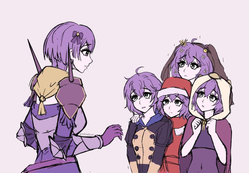 5girls ahoge bernadetta_von_varley bernadetta_von_varley_(sheltered_loner) bernadetta_von_varley_(spring) bernadetta_von_varley_(summer) bernadetta_von_varley_(winter) black_jacket commentary covered_navel dress embyarts english_commentary fire_emblem fire_emblem:_three_houses fire_emblem_heroes garreg_mach_monastery_uniform gloves grey_background grey_eyes hat highres hood jacket looking_at_another multiple_girls multiple_persona nintendo official_alternate_costume parted_lips purple_dress purple_gloves purple_hair red_hat santa_hat short_hair simple_background upper_body