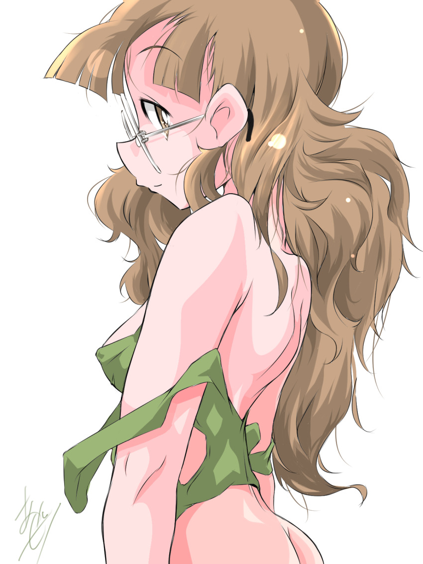 1girl alternate_hairstyle artist_name azechi_kiyochi back breasts brown_eyes brown_hair butt_crack closed_mouth from_side girls_und_panzer glasses green_tank_top hair_down highres long_hair looking_at_viewer messy_hair oono_aya signature simple_background small_breasts smile solo strap_slip tank_top upper_body white_background