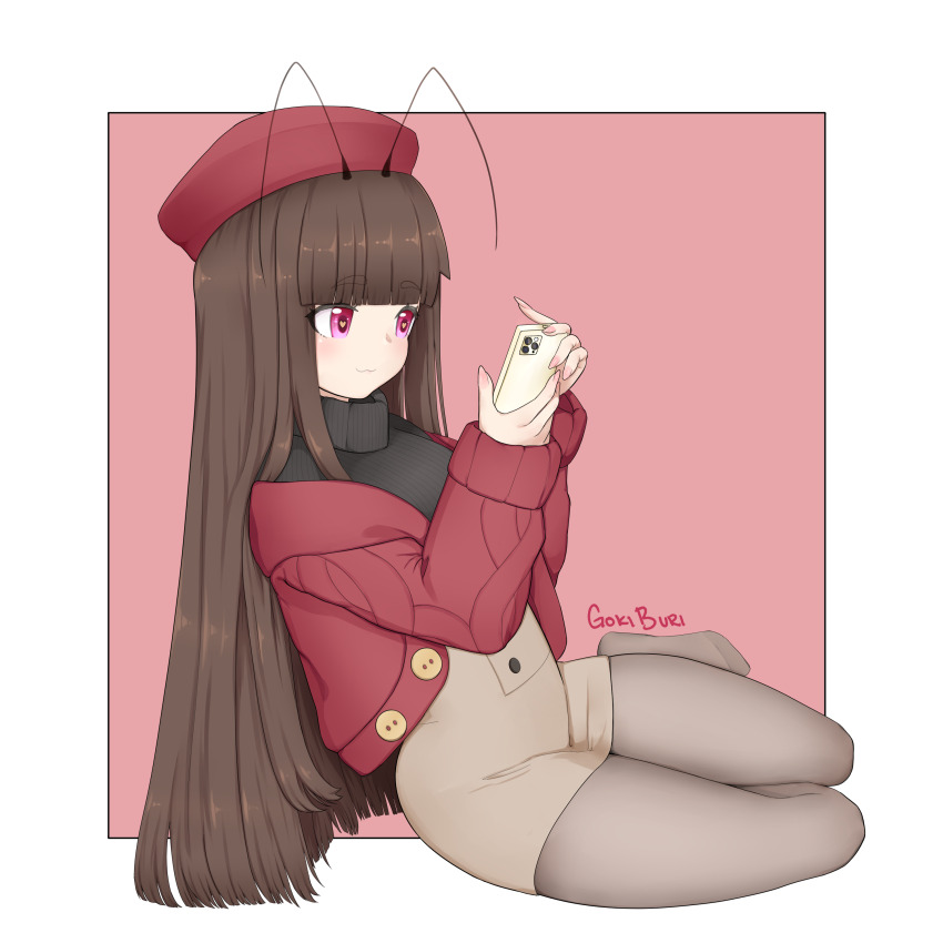 absurdres antenna_hair artist_name black_sweater blunt_bangs border brown_hair cellphone character_name full_body goki_buri gokiburi-chan grey_pantyhose hat highres jacket light_smile long_hair long_sleeves no_shoes original pantyhose pencil_skirt phone pink_background pink_eyes pink_nails red_hat red_jacket sitting skirt sweater turtleneck turtleneck_sweater very_long_hair white_border