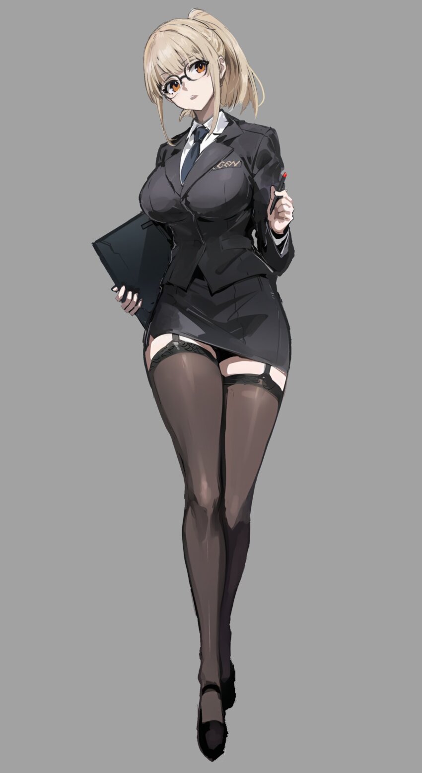 1girl blonde_hair breasts dress_shirt formal_clothes full_body garter_straps glasses highres large_breasts las91214 legs necktie office_lady orange_eyes parted_lips pen pencil_skirt ponytail shirt simple_background skirt solo stylus suit thighhighs