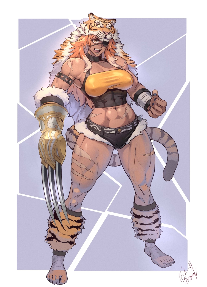 1girl abs absurdres animal_hood bare_shoulders breasts clawed_gauntlets cutoff_jeans cutoffs dark-skinned_female dark_skin eyepatch highres hood midriff multicolored_hair multiple_scars muscular muscular_female nail_polish ogami orange_eyes orange_hair original scar simple_background solo tiger_hood tongue tongue_out