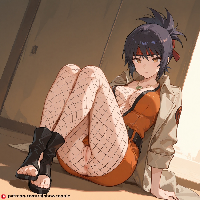 anus bad_tag belt black_hair breasts brown_eyes chart cleavage coat crying folded_ponytail forehead_protector jewelry large_breasts mesh_bodysuit mitarashi_anko necklace orange_skirt skirt toeless_footwear