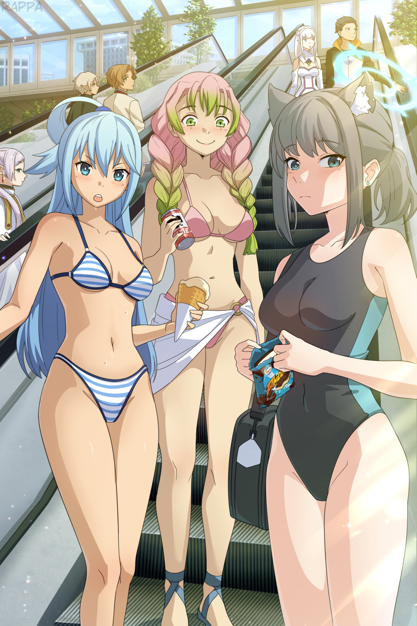 2boys 6+girls animal_ears aqua_(konosuba) bikini black_hair blue_archive blue_archive_the_animation blue_hair braid breasts brown_hair collarbone competition_swimsuit covered_navel crossover earrings elf emilia_(re:zero) escalator expressionless extra_ears frieren green_hair halo highres holding holding_ice_cream_cone ice_cream_cone jacket jewelry kanroji_mitsuri kimetsu_no_yaiba kono_subarashii_sekai_ni_shukufuku_wo! large_breasts long_hair looking_at_another looking_at_viewer medium_breasts multicolored_hair multiple_boys multiple_crossover multiple_girls mushoku_tensei natsuki_subaru navel official_alternate_costume one-piece_swimsuit open_mouth pink_hair pointy_ears rappa_(sirrappa) re:zero_kara_hajimeru_isekai_seikatsu rudeus_greyrat shiroko_(blue_archive) shiroko_(swimsuit)_(blue_archive) short_hair smile sousou_no_frieren species_connection standing swimsuit sylphiette_(mushoku_tensei) track_jacket trait_connection twin_braids two-tone_hair white_hair wolf_ears