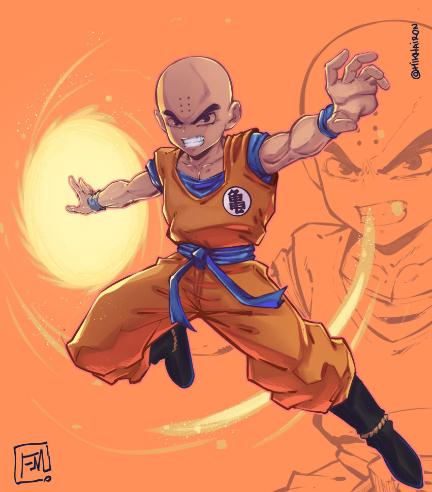 1boy bald bald_male black_eyes dragon_ball energy horns kienzan kuririn orange_background serious solo tagme