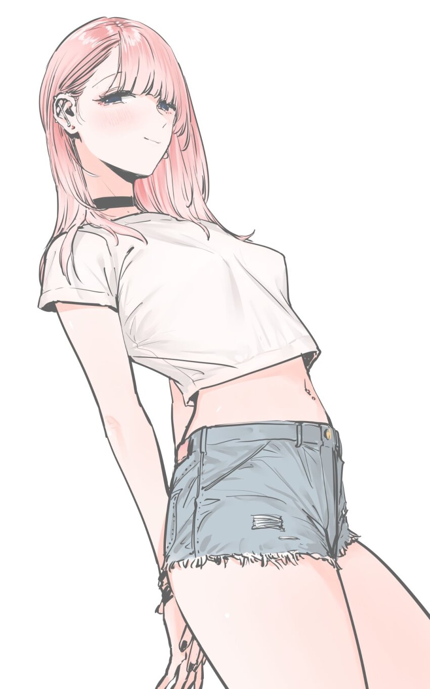 1girl arms_behind_back black_choker breasts choker copyright_request cropped_shirt denim denim_shorts goshiki_suzu highres long_hair midriff navel navel_piercing piercing red_hair shirt short_shorts shorts simple_background solo t-shirt white_shirt